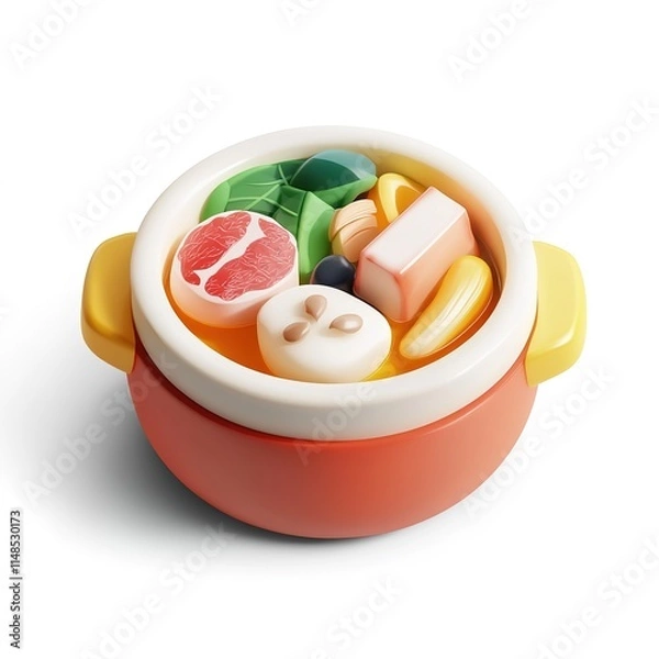Obraz 3D Cartoon Hotpot Icon in Cute Shape with Minimalist, Soft Round Form and Hyper Detail on White Background – Isometric Design