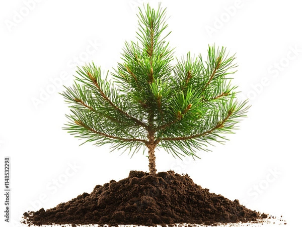 Fototapeta Pine tree sapling in fresh soil on transparent background(PNG)