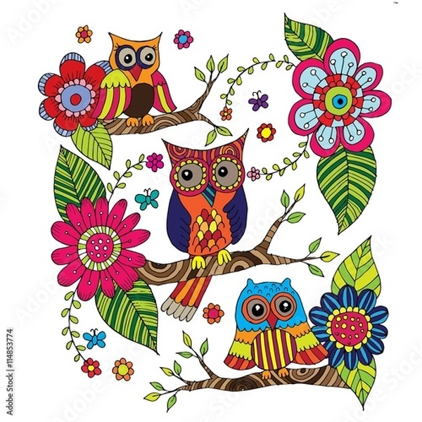 Fototapeta Owl Coloring Doodle Set Vector