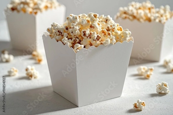 Fototapeta White paper box filled with popcorn on light background. Simple, minimalist design. Ideal for movie nights snack time. Suitable for branding, advertising campaigns related to food cinema. Product
