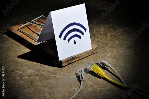 Fototapeta The dangers of free wi-fi. Cyber crimes and hacking networks