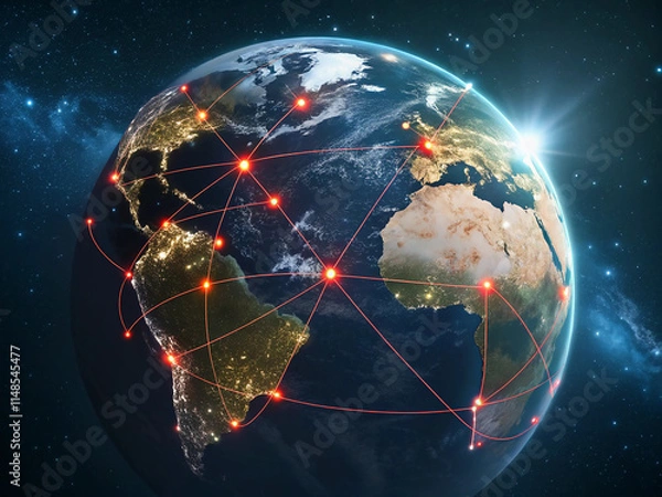Obraz Global network concept. World map point. Global network planet Earth. 3D rendering.