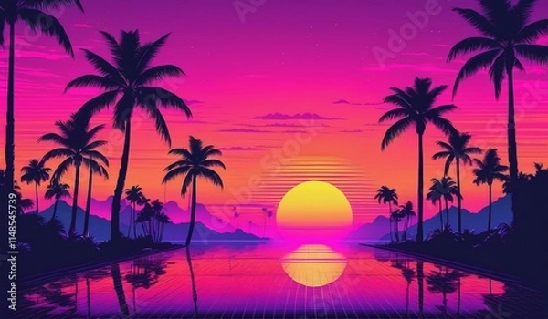 Fototapeta retrowave sunset background with lake, mountains and palm trees	