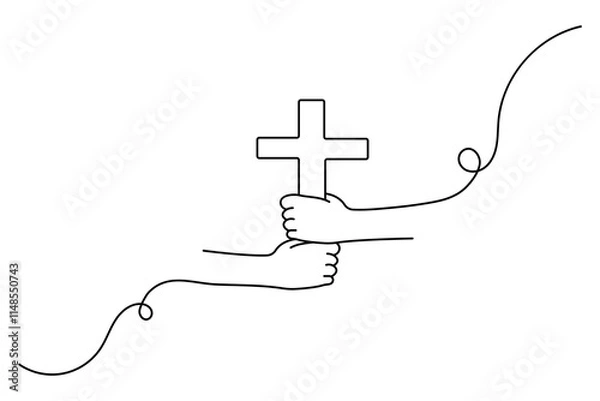 Obraz Hands in prayer in front of cross one line drawing of christian three outline vector icon