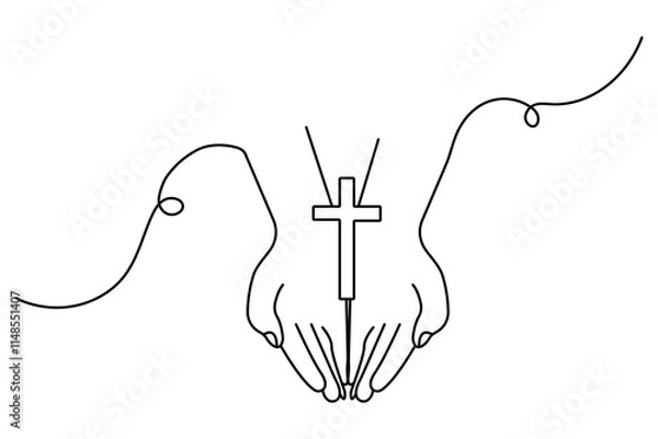 Obraz Hands in prayer in front of cross one line drawing of christian three outline vector icon