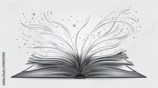 Fototapeta Clean line art of an open book with flowing lines representing knowledge and learning.