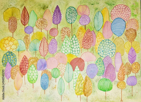 Fototapeta Whimsical and decorative doodle of colorful trees. The dabbing technique near the edges gives a soft focus effect due to the altered surface roughness of the paper.