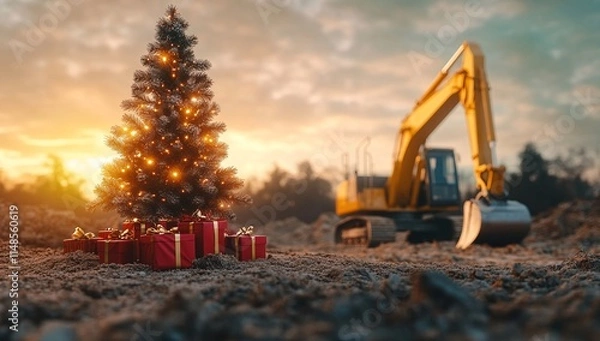 Obraz A Christmas tree adorned with warm lights sits amidst gifts in a construction site at sunset. An excavator is visible in the background. Unexpected holiday scene.