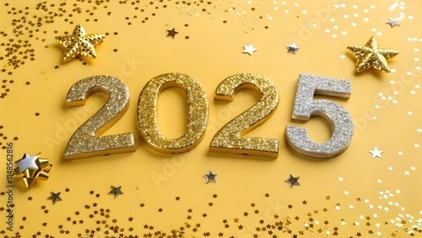 Fototapeta Gold Numbers 2025 With Sequins And Glitter On A gold snowy background Christmas New Year Greeting Card