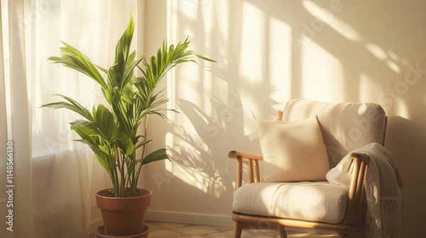 Obraz 
A tranquil sunlit setting with a neutral-toned Nordic floor seat, a vibrant potted plant, and a  wall of living room 