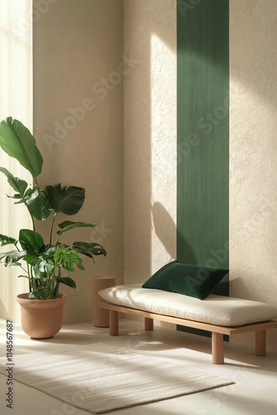 Fototapeta 
A tranquil sunlit setting with a neutral-toned Nordic floor seat, a vibrant potted plant, and a  wall of living room 