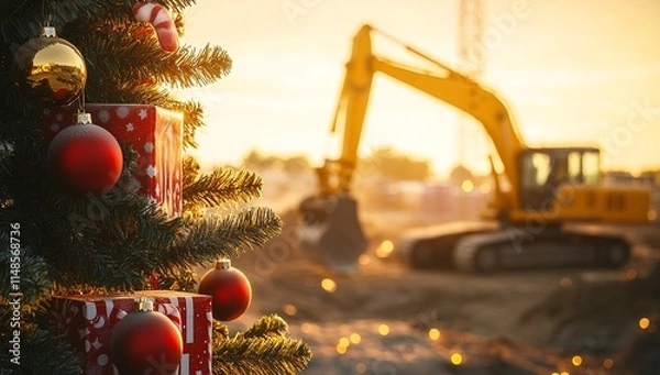 Fototapeta Christmas spirit even on a construction site. A decorated tree stands in the foreground, with a blurred excavator at sunset in the background.