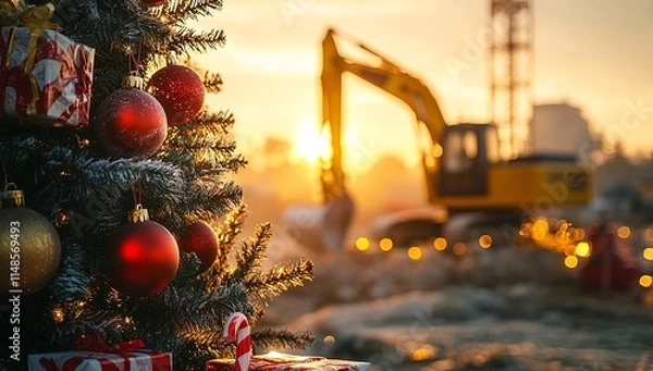 Obraz A Christmas tree adorned with red and gold ornaments stands in the foreground, while a construction site with heavy machinery is blurred in the background at sunset.
