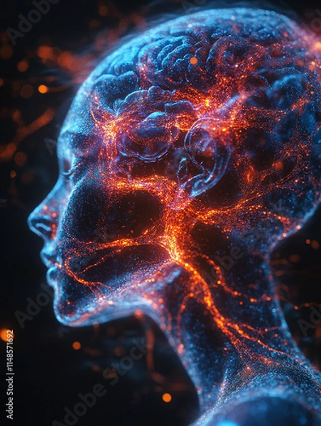 Fototapeta Human figure with vibrant brain network in surreal art