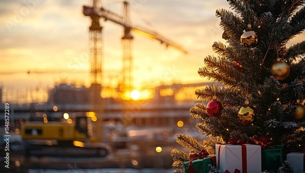 Obraz A decorated Christmas tree stands in the foreground, with a construction site silhouetted against a vibrant sunset in the background. A heartwarming contrast of festive cheer and industrious activity.