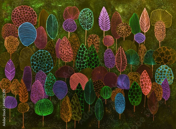 Fototapeta Trippy and psychedelic forest with colorful trees. The dabbing technique near the edges gives a soft focus effect due to the altered surface roughness of the paper.