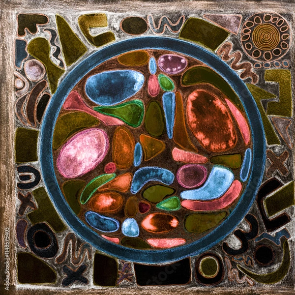 Fototapeta Psychedelic mandala, abstract geometric circle with shapes. The dabbing technique near the edges gives a soft focus effect due to the altered surface roughness of the paper.
