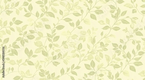 Fototapeta Light green and white pattern with delicate leaves on plant branches, set against a pure cream-colored background.