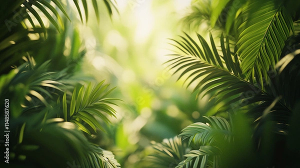 Fototapeta Lush tropical foliage illuminated by soft sunlight in a serene landscape.
