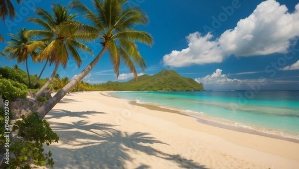 Fototapeta Panoramic view of tropical beach with palm trees