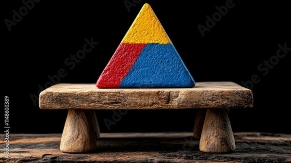 Fototapeta Triangular Wooden Block on Rustic Stand - Abstract Concept of Balance, Hierarchy, and Strategy