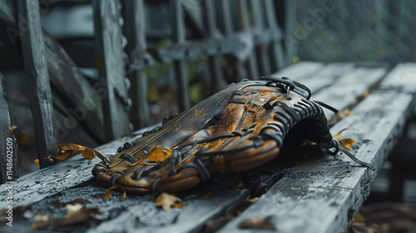 Fototapeta Worn-Out Baseball Glove on a Bench: A distressed baseball glove with torn leather sits on a bench, representing cherished memories of games long gone and the inevitable wear of time.