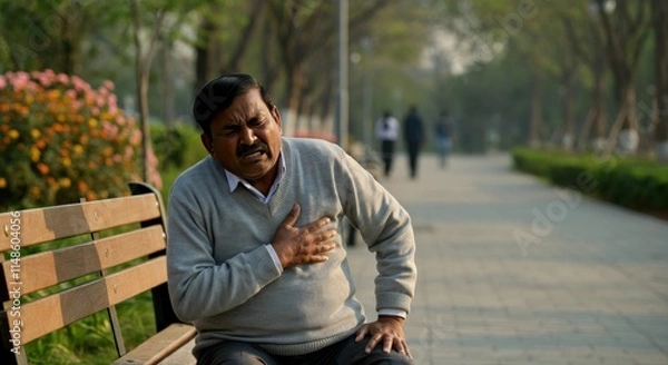 Fototapeta Middle-aged indian man experiencing chest pain on a park bench in urban setting