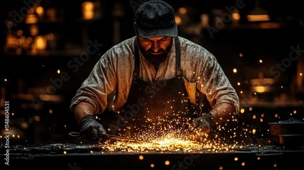 Fototapeta A blacksmith crafting metal, surrounded by sparks and a warm glow.