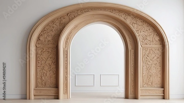 Fototapeta Minimalist wooden arched door frame with simple carvings and clear lines on a pure white surface, contemporary style, modern décor, clean appearance.