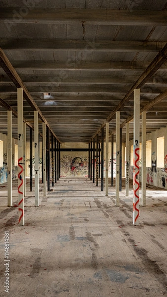 Fototapeta Exploring the Hidden Depths of Urban Decay: An Abandoned Building's Concrete Columns, Graffiti-Tagged Walls, and Eerie Silence Depicting the Stark Reality of Neglect and the Untold Stories within