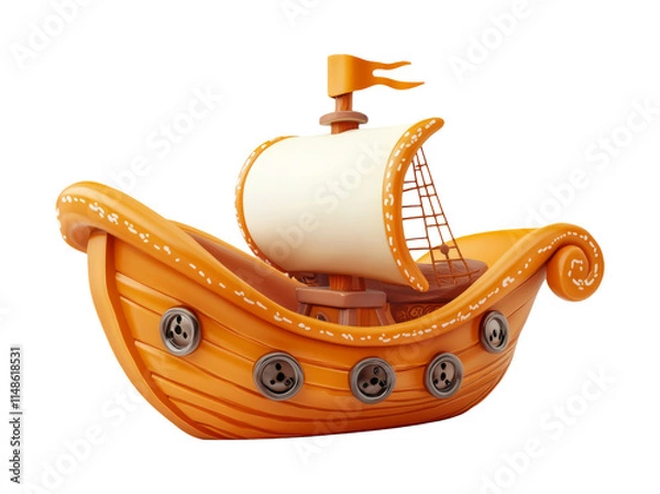 Obraz Cartoon Style Pirate Ship with Colorful Sails on Transparent Background