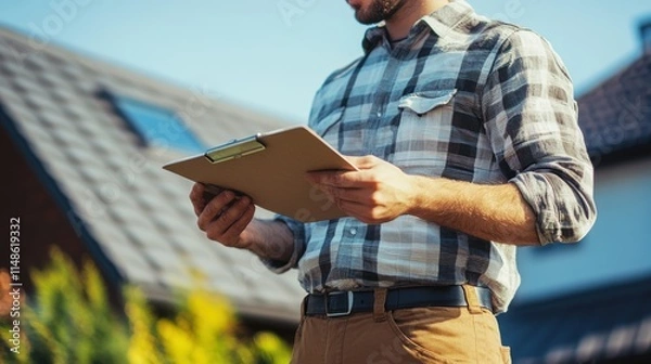 Fototapeta Man in Plaid Shirt Holding Clipboard While Standing Outdoors Near House on a Sunny Day with Clear Sky, Engaged in Assessment or Planning Activities
