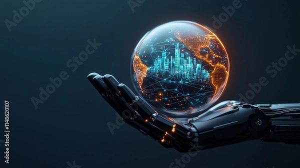 Obraz Mechanical Hand Holding a Digital Globe