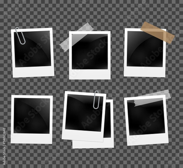 Fototapeta Set of photo frames on the rope with clothespin. Polaroid photo frames set on transparent