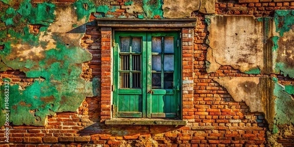Fototapeta Aerial View Abstract Grungy Red Wall Green Window - Old Building Photography