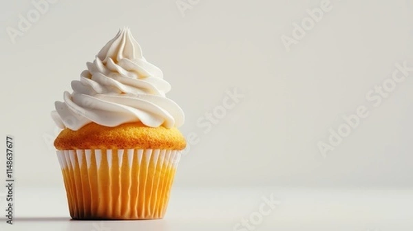 Fototapeta Delicious Vanilla Cupcake with Whipped Frosting on a Light Background
