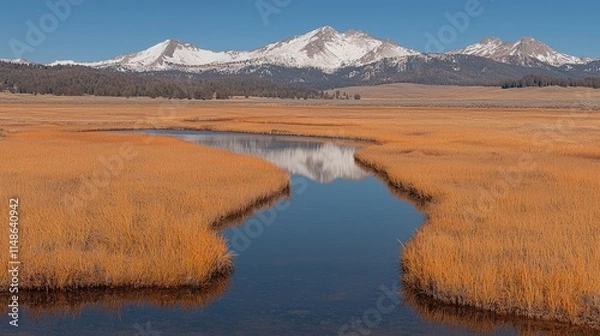 Fototapeta Calm stream meanders through autumnal marsh, reflecting snow-capped mountains under a clear blue sky.