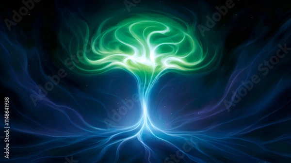 Fototapeta A vibrant, abstract representation of a tree emitting green and blue light, symbolizing growth and harmony.