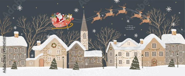 Obraz Winter city. Santa Claus on a sleigh pulled by reindeer. Vector cute illustration of street, with Christmas trees for Merry Christmas and Happy New Year greeting, card, greeting card or banner. 2025