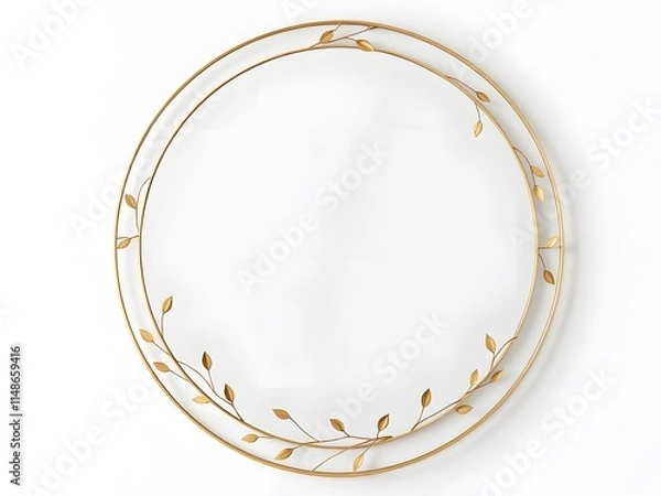 Fototapeta Golden Leaf Patterned Round Frame on White

