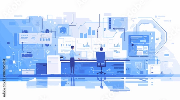 Fototapeta Professional Engineers Consolidating and Structuring Data in Central Space