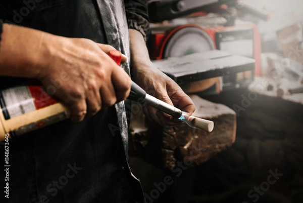 Obraz Hands using blowtorch in carpentry workshop