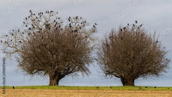 Fototapeta Two Leafless Trees Populated by Crows Under a Cloudy Sky