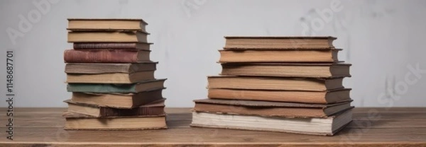 Fototapeta Several book piles on a weathered wooden tabletop, blank white backdrop, knowledge, design