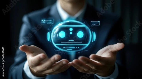 Fototapeta Businessperson Presenting Holographic AI Chatbot