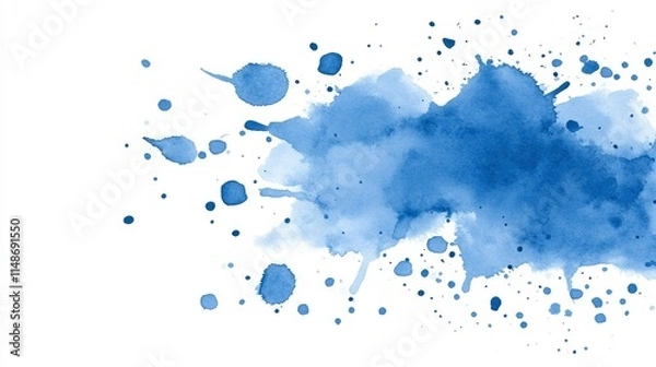 Fototapeta Abstract Blue Watercolor Wash with Splashes and Blobs on White Background