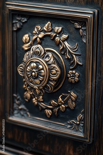 Fototapeta Detailed close-up of ornate Mocha Mousse bronze drawer handle showcasing aged patina