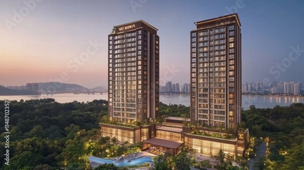 Obraz Modern luxury residential towers overlooking serene riverside landscape at sunset with lush greenery in the foreground and city skyline in the background
