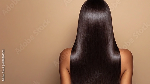 Obraz Back view of a woman with shiny straight keratin-treated brown hair minimalistic empty background space ideal for adding text emphasizes elegance simplicity and focus on natural beauty

