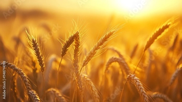 Fototapeta A golden field of wheat swaying gently in the sunlight during a serene sunset.